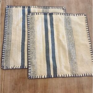 Surya Lola Pillow Cover Set Of 2 Blue Cream Cotton Striped Embroidered 20 x 20